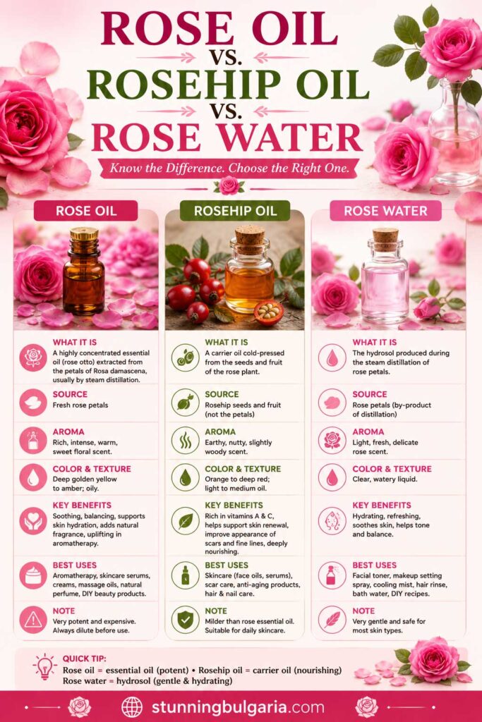 Rose Oil vs Rosehip Oil vs Rose Water