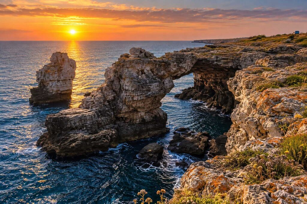 Tyulenovo Rock Arch at Sunset